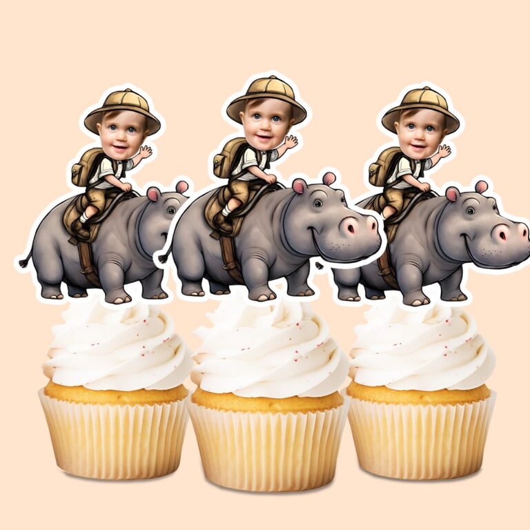 Custom Hippopotamus Safari Striped Shirt Face Cutout – Cupcake Topper Custom Hippopotamus Safari Striped Shirt Face Cutout shown on a cupcake topper mockup