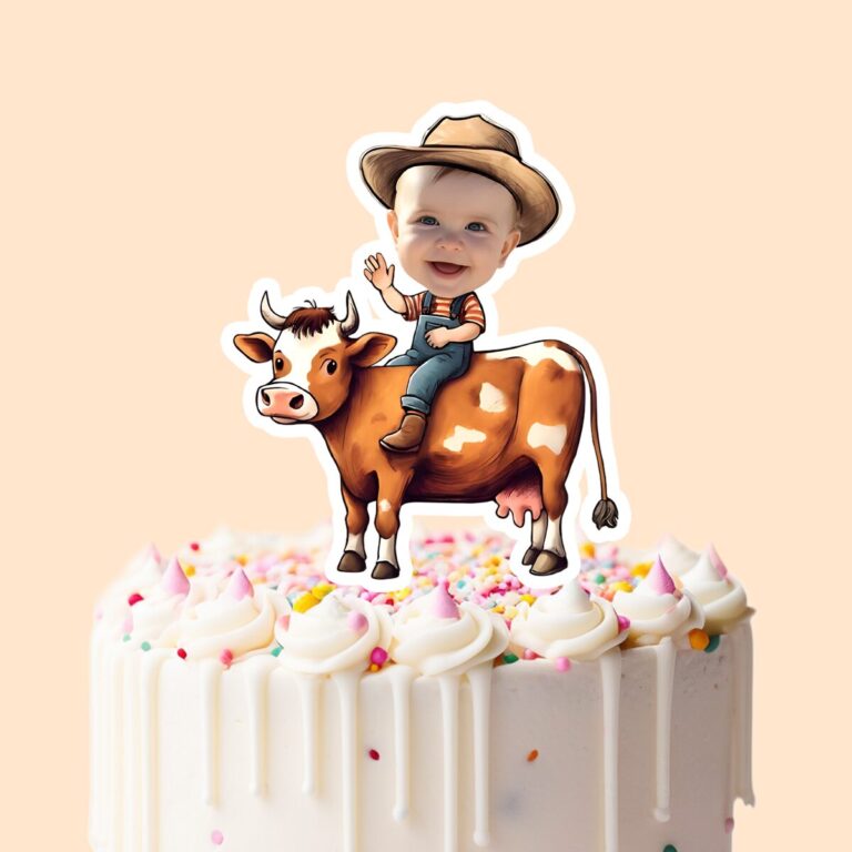 Custom Farmer Riding a Brown-And-White Cow Face Cutout – Cake Topper Custom Farmer Riding a Brown-And-White Cow Face Cutout shown on a cake topper mockup