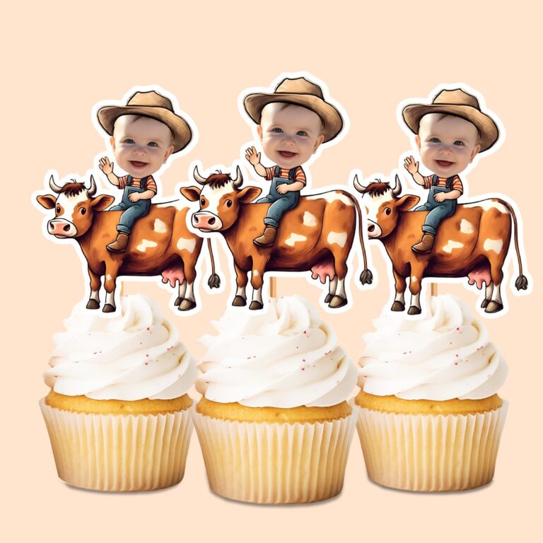 Custom Farmer Riding a Brown-And-White Cow Face Cutout – Cupcake Topper Custom Farmer Riding a Brown-And-White Cow Face Cutout shown on a cupcake topper mockup