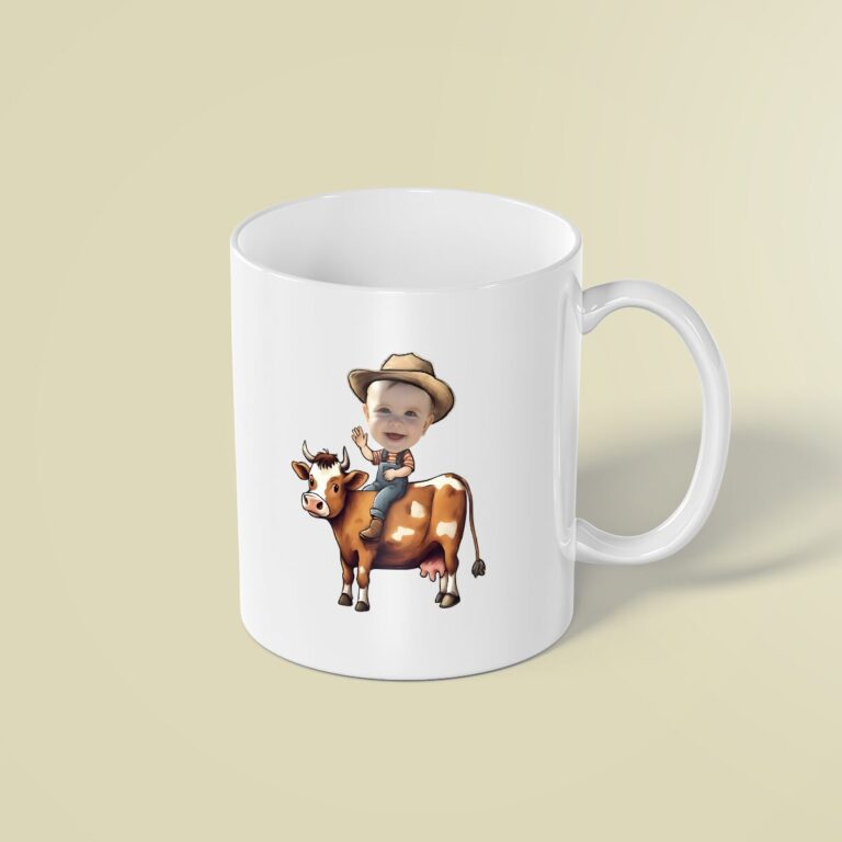 Custom Farmer Riding a Brown-And-White Cow Face Cutout – Mug Custom Farmer Riding a Brown-And-White Cow Face Cutout shown on a mug mockup
