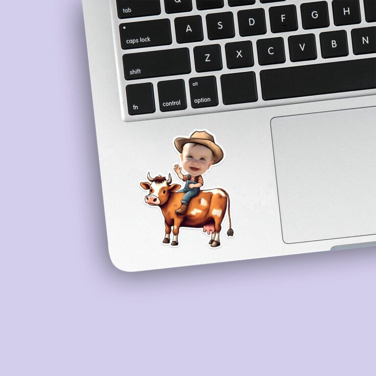 Custom Farmer Riding a Brown-And-White Cow Face Cutout – Sticker Custom Farmer Riding a Brown-And-White Cow Face Cutout shown on a sticker mockup