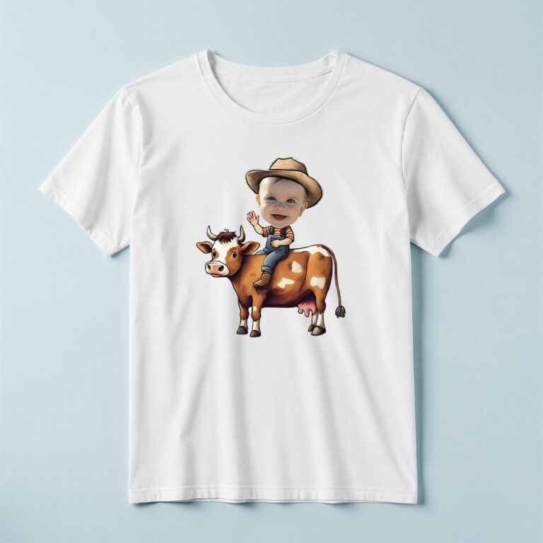 Custom Farmer Riding a Brown-And-White Cow Face Cutout – T-shirt Custom Farmer Riding a Brown-And-White Cow Face Cutout shown on a T-shirt mockup