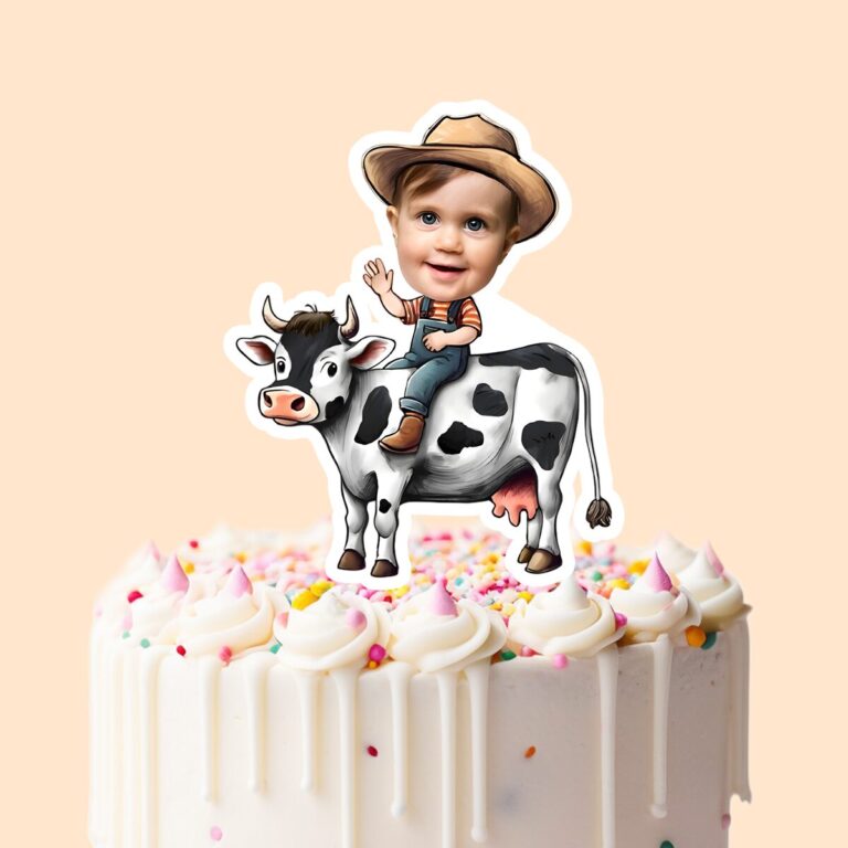 Custom Farmer Riding a Black Brown Cowboy Hat Face Cutout – Cake Topper Custom Farmer Riding a Black Brown Cowboy Hat Face Cutout shown on a cake topper mockup