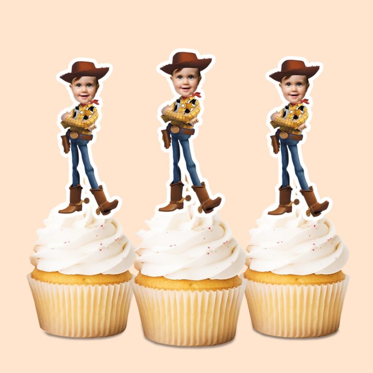 Custom Cowboy Sheriff Standing Confidently Face Cutout – Cupcake Topper Custom Cowboy Sheriff Standing Confidently Face Cutout shown on a cupcake topper mockup