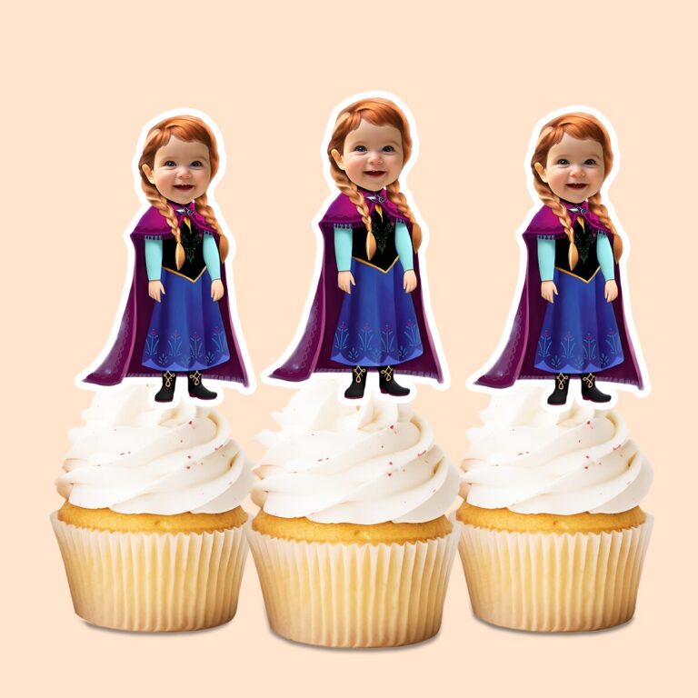 Custom Winter Princess in a Magenta Cape Face Cutout – Cupcake Topper Custom Winter Princess in a Magenta Cape Face Cutout shown on a cupcake topper mockup
