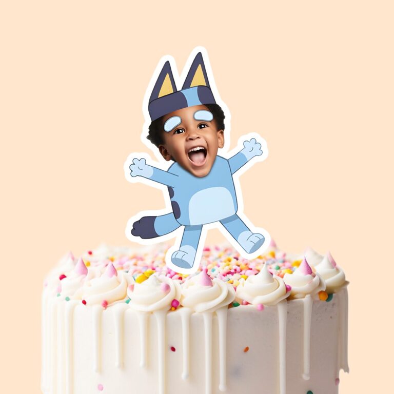 Custom Blue Cartoon-Dog Costume Face Cutout – Cake Topper Custom Blue Cartoon-Dog Costume Face Cutout shown on a cake topper mockup