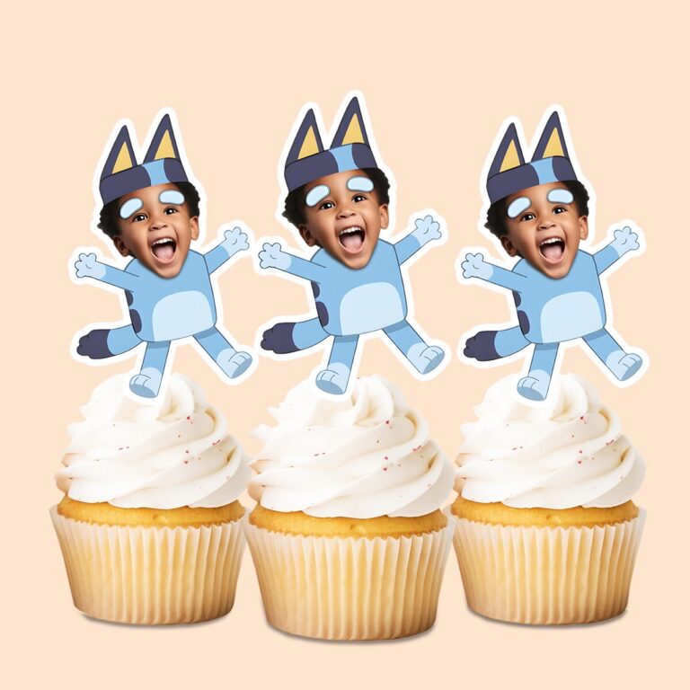Custom Blue Cartoon-Dog Costume Face Cutout – Cupcake Topper Custom Blue Cartoon-Dog Costume Face Cutout shown on a cupcake topper mockup