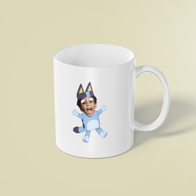 Custom Blue Cartoon-Dog Costume Face Cutout – Mug Custom Blue Cartoon-Dog Costume Face Cutout shown on a mug mockup