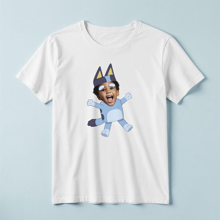 Custom Blue Cartoon-Dog Costume Face Cutout – T-shirt Custom Blue Cartoon-Dog Costume Face Cutout shown on a T-shirt mockup
