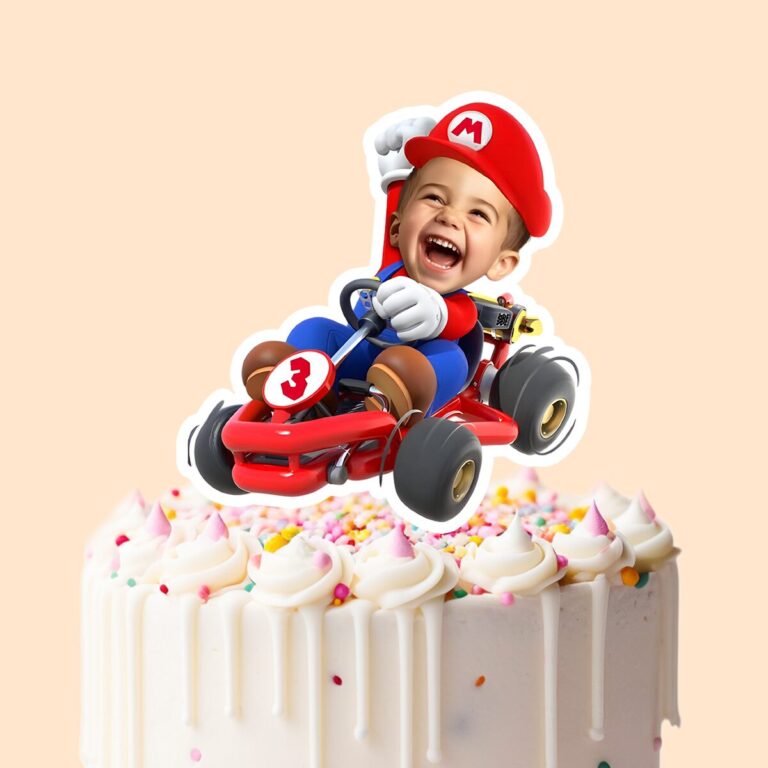 Custom Red Game-Hero Driving a Number 3 Go Face Cutout – Cake Topper Custom Red Game-Hero Driving a Number 3 Go Face Cutout shown on a cake topper mockup