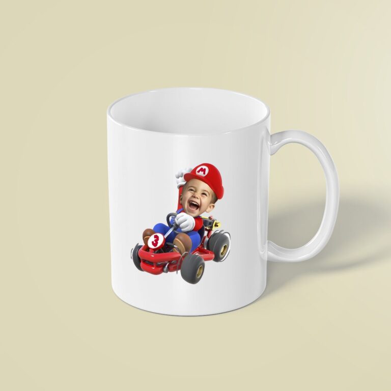 Custom Red Game-Hero Driving a Number 3 Go Face Cutout – Mug Custom Red Game-Hero Driving a Number 3 Go Face Cutout shown on a mug mockup