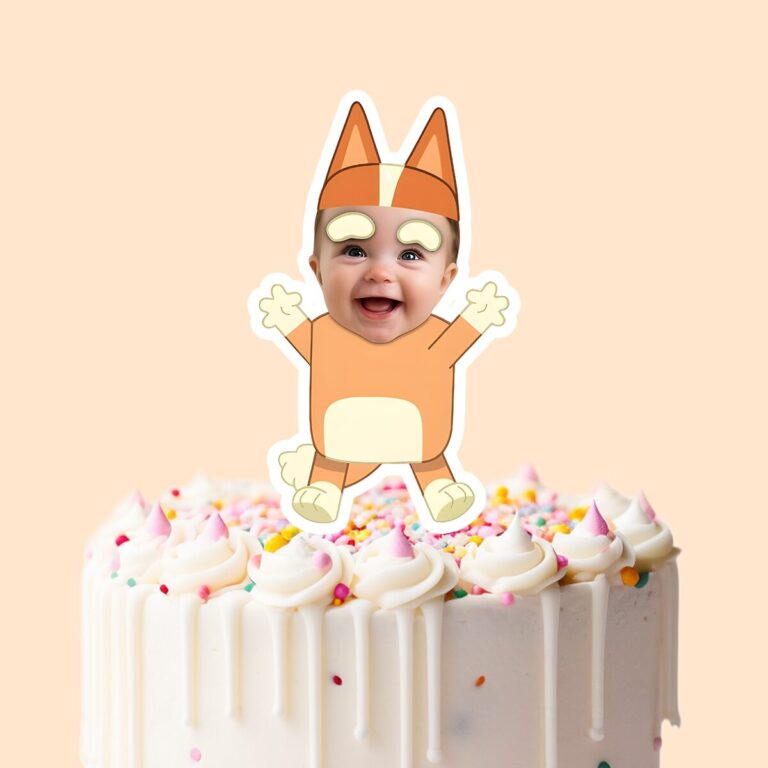 Custom Baby in an Orange Cartoon-Dog Costume Face Cutout – Cake Topper Custom Baby in an Orange Cartoon-Dog Costume Face Cutout shown on a cake topper mockup