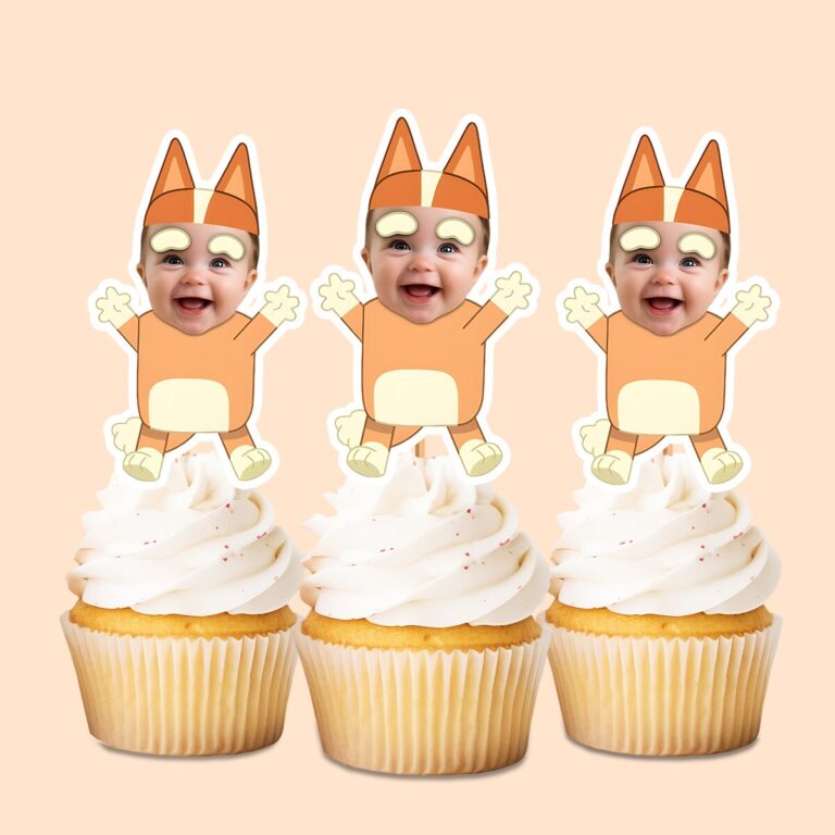 Custom Baby in an Orange Cartoon-Dog Costume Face Cutout – Cupcake Topper Custom Baby in an Orange Cartoon-Dog Costume Face Cutout shown on a cupcake topper mockup