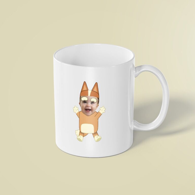 Custom Baby in an Orange Cartoon-Dog Costume Face Cutout – Mug Custom Baby in an Orange Cartoon-Dog Costume Face Cutout shown on a mug mockup