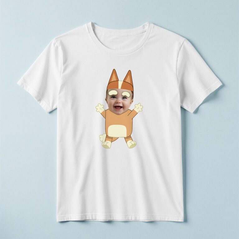 Custom Baby in an Orange Cartoon-Dog Costume Face Cutout – T-shirt Custom Baby in an Orange Cartoon-Dog Costume Face Cutout shown on a T-shirt mockup