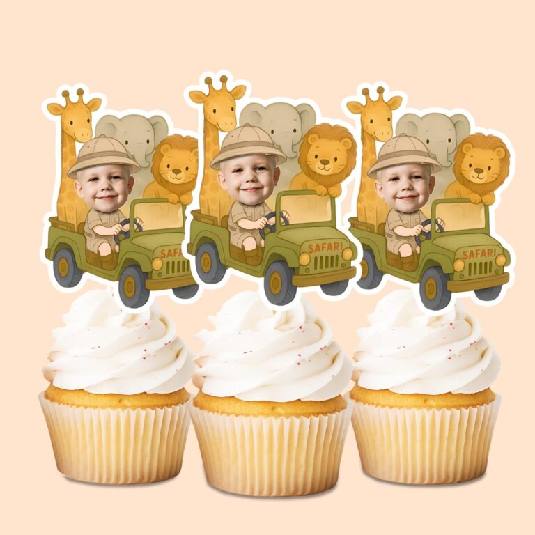 Custom Safari Driver Face Cutout – Cupcake Topper Custom Safari Driver Face Cutout shown on a cupcake topper mockup