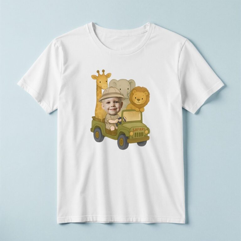 Custom Safari Driver Face Cutout – T-shirt Custom Safari Driver Face Cutout shown on a T-shirt mockup
