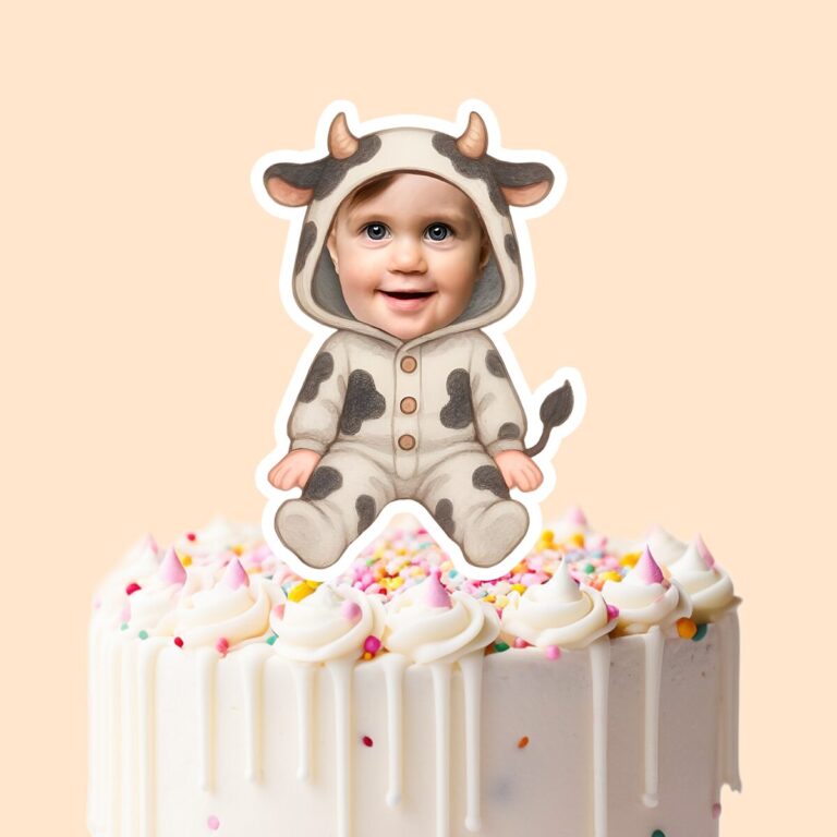 Custom Baby in a Spotted Cow Onesie Face Cutout – Cake Topper Custom Baby in a Spotted Cow Onesie Face Cutout shown on a cake topper mockup