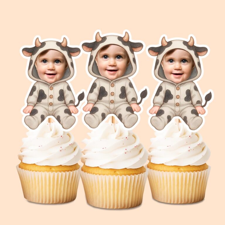 Custom Baby in a Spotted Cow Onesie Face Cutout – Cupcake Topper Custom Baby in a Spotted Cow Onesie Face Cutout shown on a cupcake topper mockup