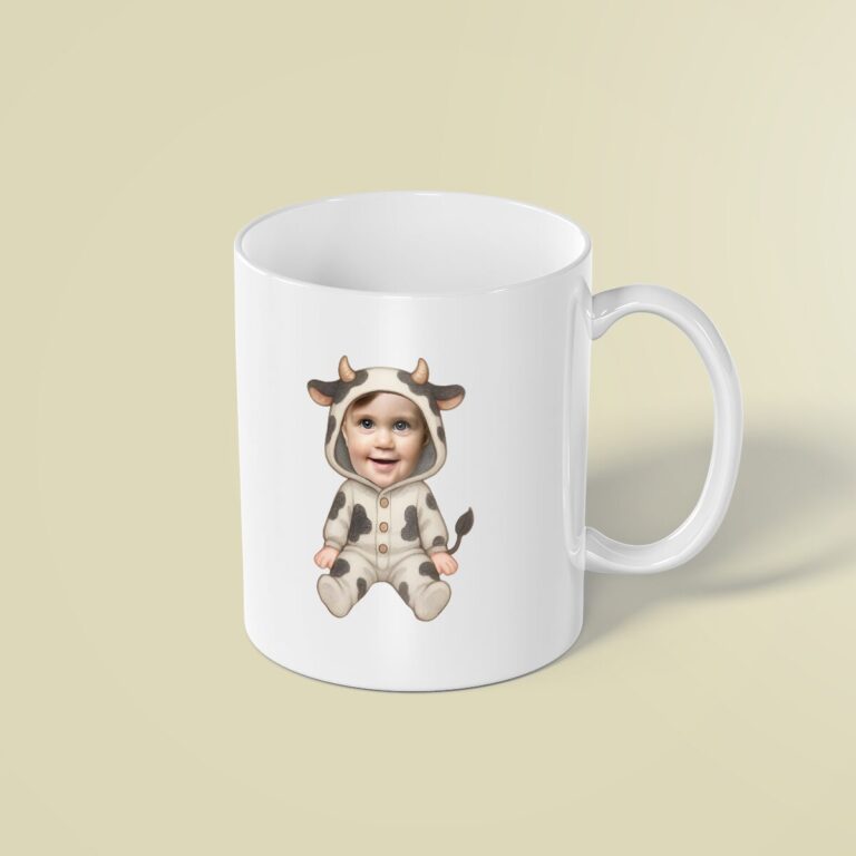 Custom Baby in a Spotted Cow Onesie Face Cutout – Mug Custom Baby in a Spotted Cow Onesie Face Cutout shown on a mug mockup