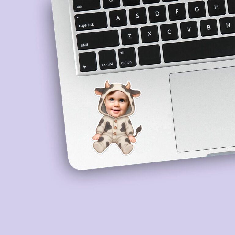 Custom Baby in a Spotted Cow Onesie Face Cutout – Sticker Custom Baby in a Spotted Cow Onesie Face Cutout shown on a sticker mockup