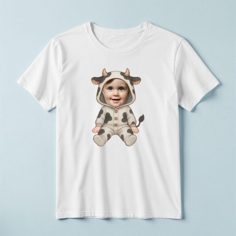 Custom Baby in a Spotted Cow Onesie Face Cutout – T-shirt Custom Baby in a Spotted Cow Onesie Face Cutout shown on a T-shirt mockup