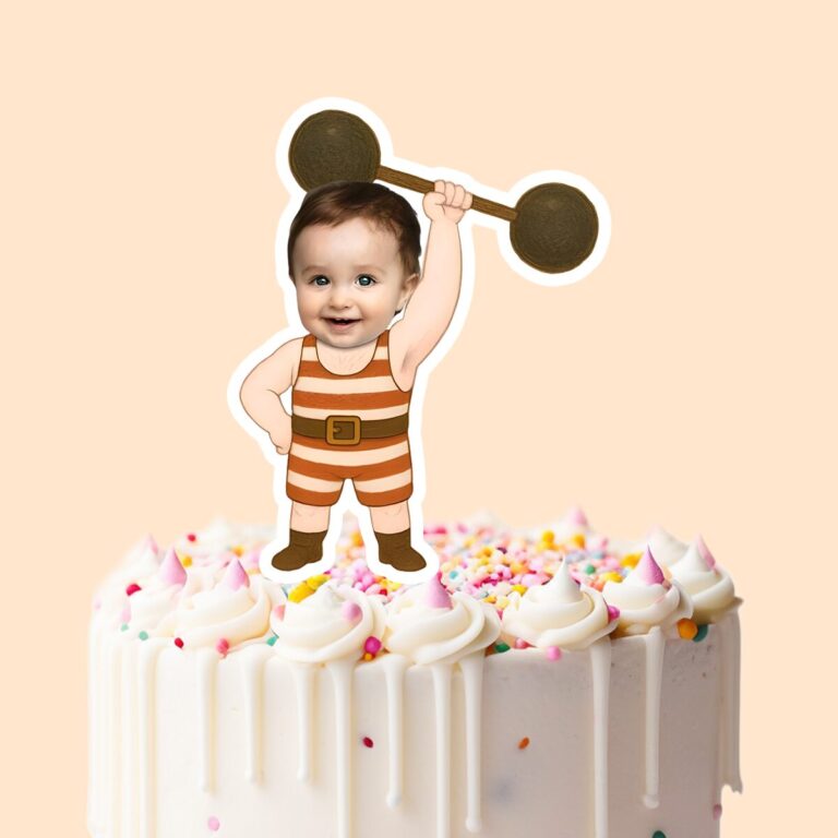Custom Circus Strongman Striped Singlet Face Cutout – Cake Topper Custom Circus Strongman Striped Singlet Face Cutout shown on a cake topper mockup