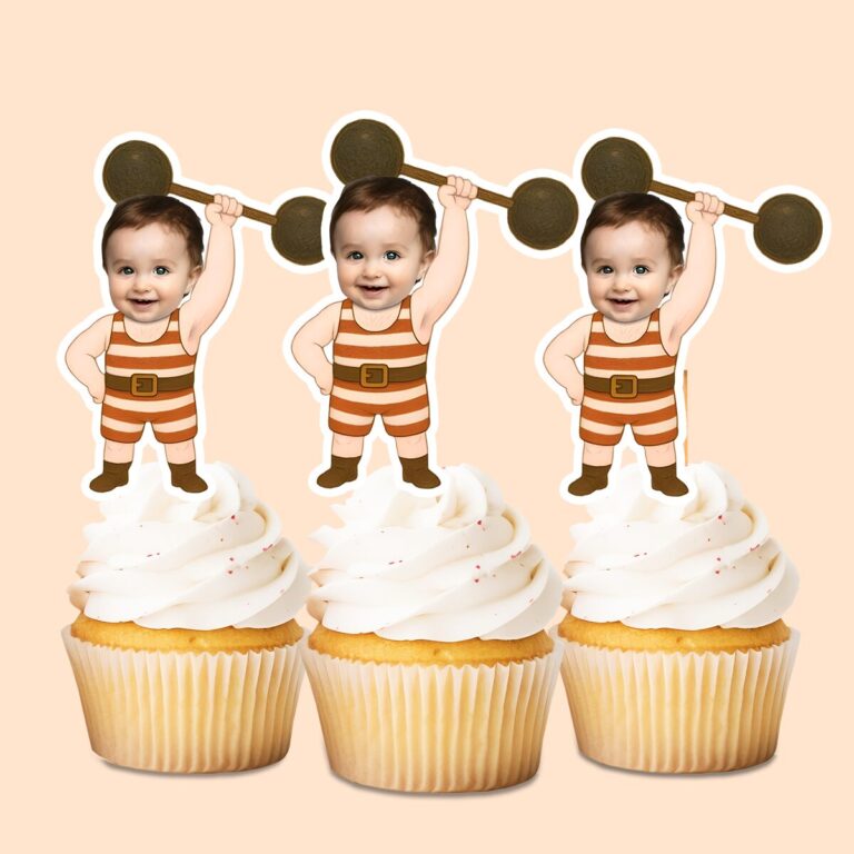 Custom Circus Strongman Striped Singlet Face Cutout – Cupcake Topper Custom Circus Strongman Striped Singlet Face Cutout shown on a cupcake topper mockup