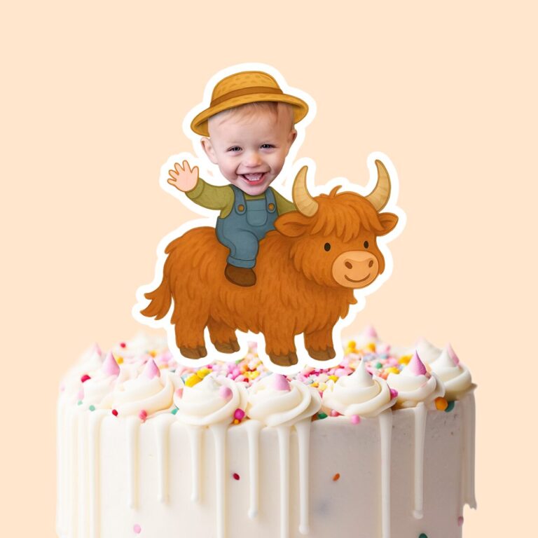 Custom Farmer Riding a Shaggy Highland Cow Face Cutout – Cake Topper Custom Farmer Riding a Shaggy Highland Cow Face Cutout shown on a cake topper mockup