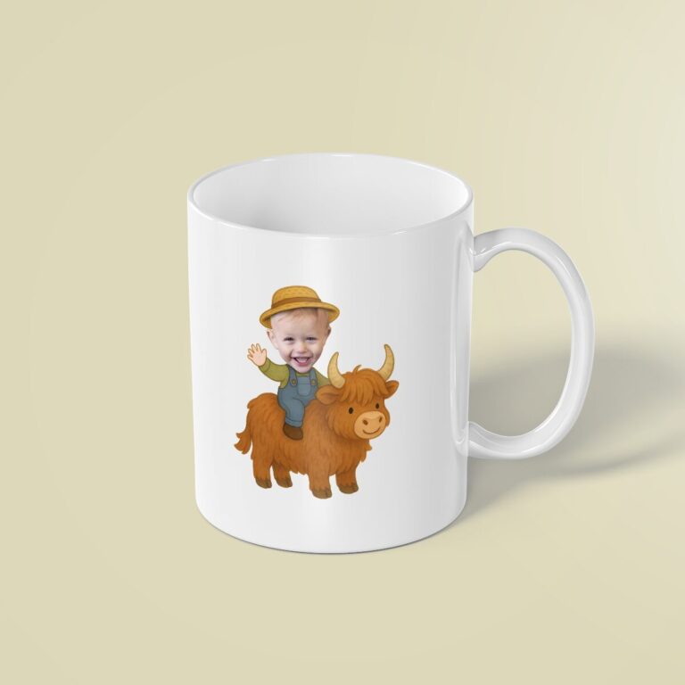 Custom Farmer Riding a Shaggy Highland Cow Face Cutout – Mug Custom Farmer Riding a Shaggy Highland Cow Face Cutout shown on a mug mockup
