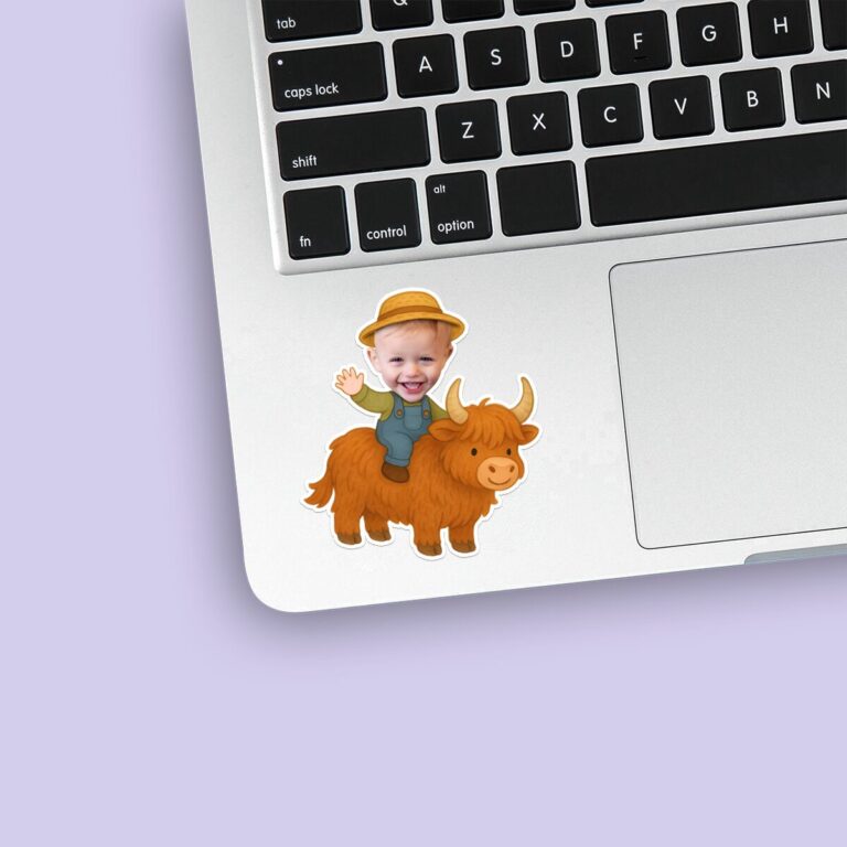 Custom Farmer Riding a Shaggy Highland Cow Face Cutout – Sticker Custom Farmer Riding a Shaggy Highland Cow Face Cutout shown on a sticker mockup