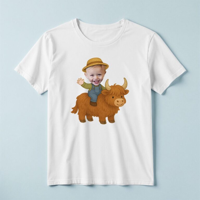 Custom Farmer Riding a Shaggy Highland Cow Face Cutout – T-shirt Custom Farmer Riding a Shaggy Highland Cow Face Cutout shown on a T-shirt mockup