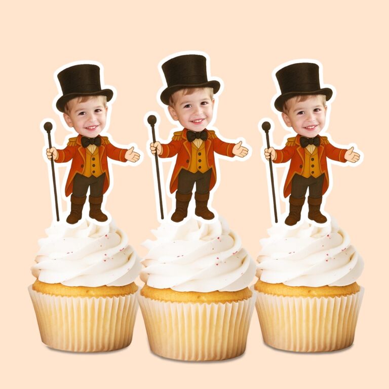 Custom Circus Ringmaster with Cane Face Cutout – Cupcake Topper Custom Circus Ringmaster with Cane Face Cutout shown on a cupcake topper mockup