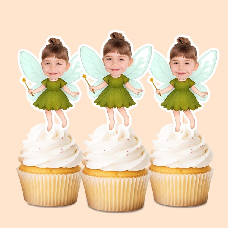 Custom Green Woodland Fairy with Wand Face Cutout – Cupcake Topper Custom Green Woodland Fairy with Wand Face Cutout shown on a cupcake topper mockup