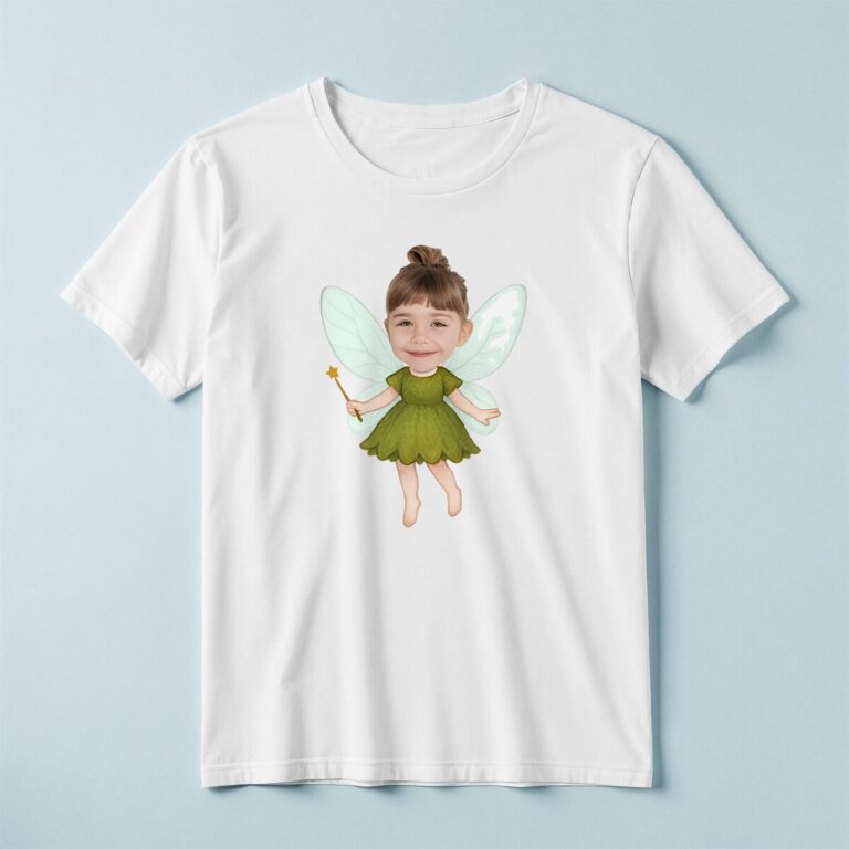 Custom Green Woodland Fairy with Wand Face Cutout – T-shirt Custom Green Woodland Fairy with Wand Face Cutout shown on a T-shirt mockup