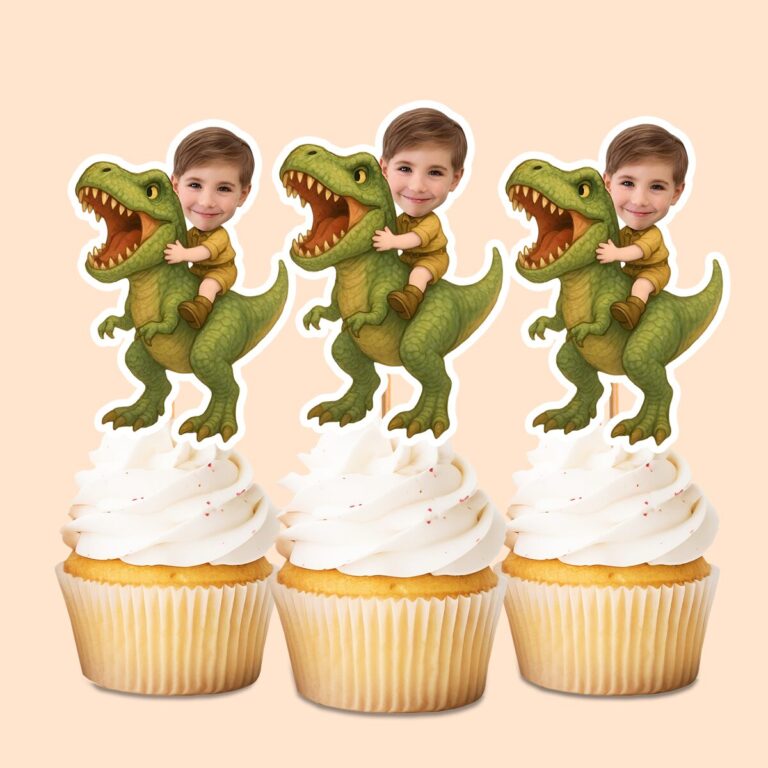 Custom Child Riding a Roaring Green Face Cutout – Cupcake Topper Custom Child Riding a Roaring Green Face Cutout shown on a cupcake topper mockup