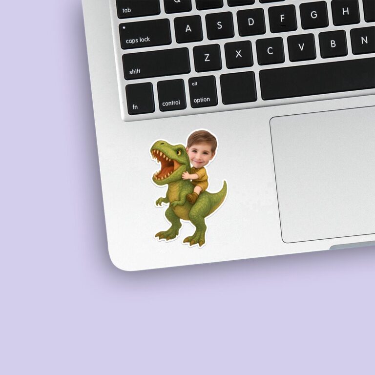 Custom Child Riding a Roaring Green Face Cutout – Sticker Custom Child Riding a Roaring Green Face Cutout shown on a sticker mockup