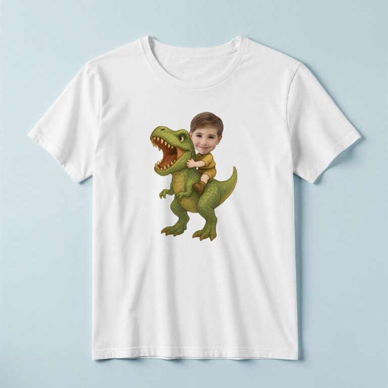 Custom Child Riding a Roaring Green Face Cutout – T-shirt Custom Child Riding a Roaring Green Face Cutout shown on a T-shirt mockup