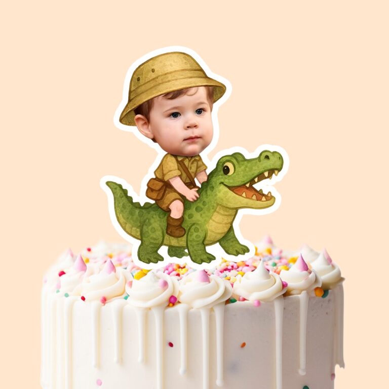 Custom Crocodile Safari Khaki Shirt and Shorts Face Cutout – Cake Topper Custom Crocodile Safari Khaki Shirt and Shorts Face Cutout shown on a cake topper mockup