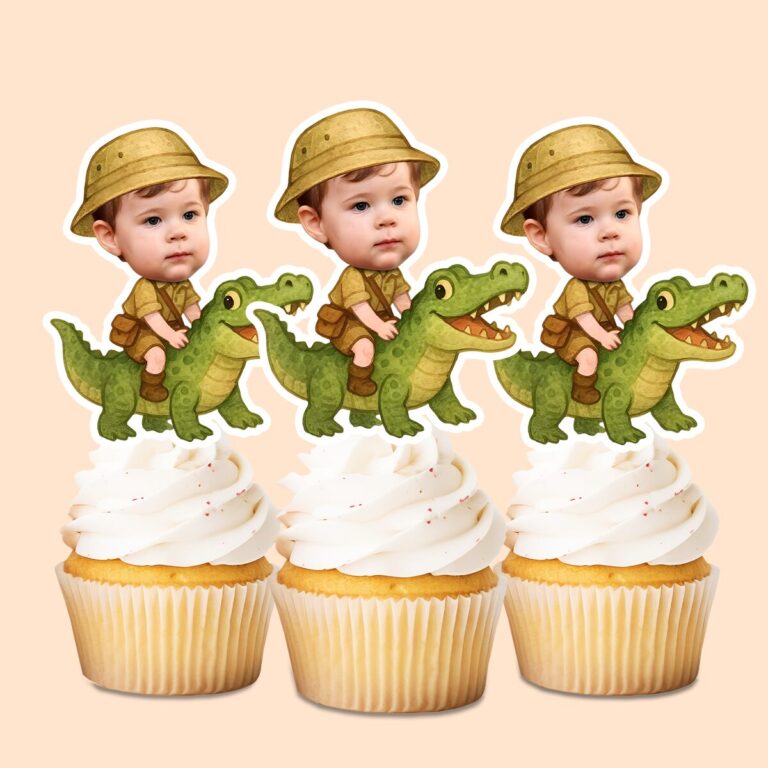 Custom Crocodile Safari Khaki Shirt and Shorts Face Cutout – Cupcake Topper Custom Crocodile Safari Khaki Shirt and Shorts Face Cutout shown on a cupcake topper mockup