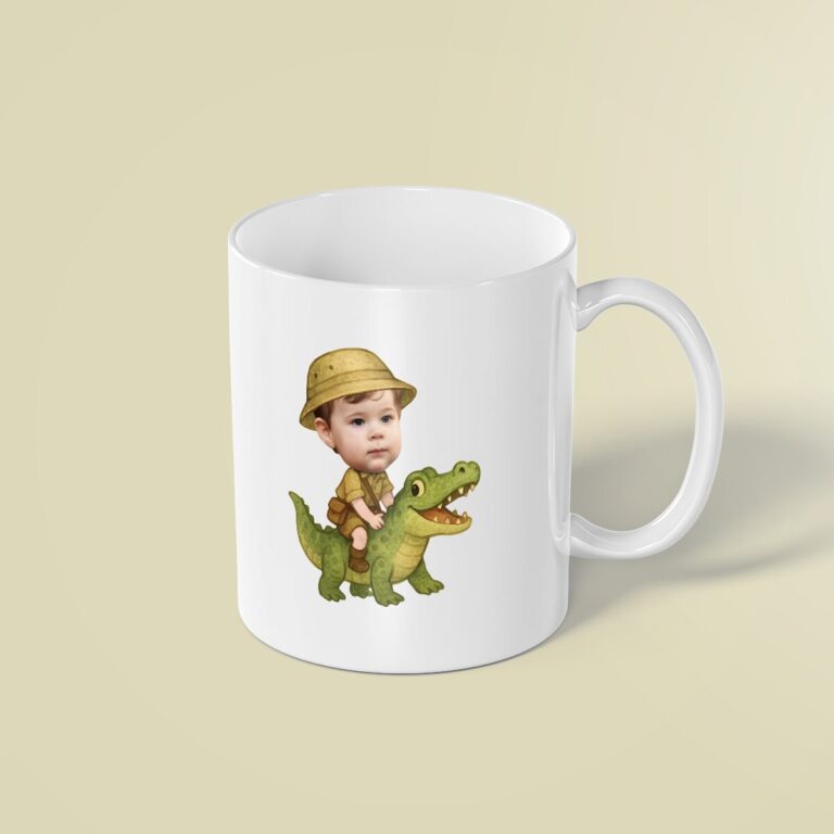 Custom Crocodile Safari Khaki Shirt and Shorts Face Cutout – Mug Custom Crocodile Safari Khaki Shirt and Shorts Face Cutout shown on a mug mockup