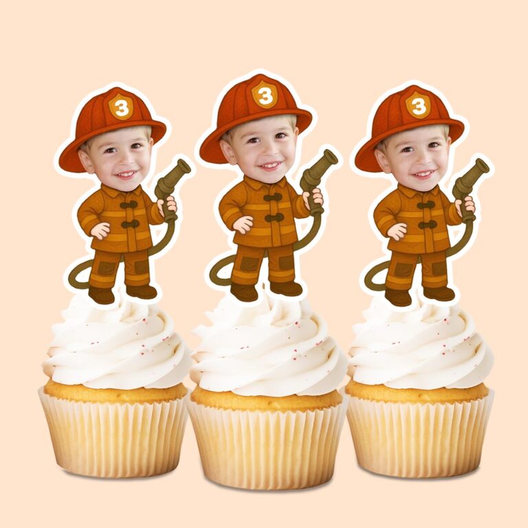 Custom Number 3 Firefighter Holding a Hose Face Cutout – Cupcake Topper Custom Number 3 Firefighter Holding a Hose Face Cutout shown on a cupcake topper mockup