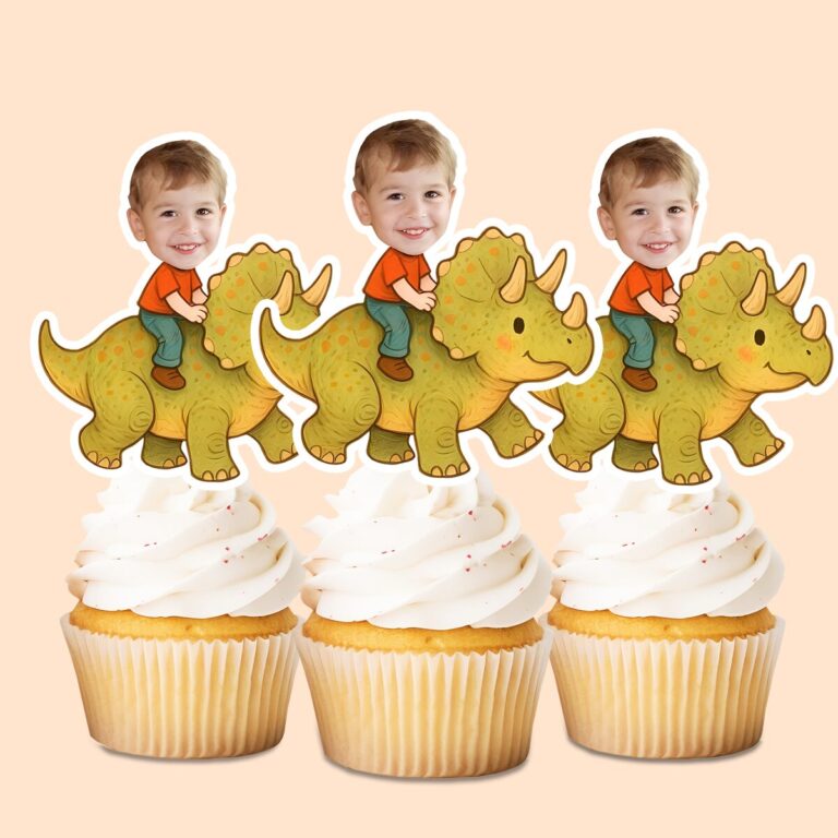 Custom Child Riding a Yellow-Green Triceratops Face Cutout – Cupcake Topper Custom Child Riding a Yellow-Green Triceratops Face Cutout shown on a cupcake topper mockup