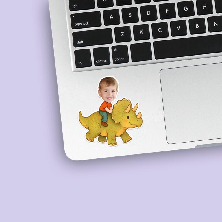 Custom Child Riding a Yellow-Green Triceratops Face Cutout – Sticker Custom Child Riding a Yellow-Green Triceratops Face Cutout shown on a sticker mockup