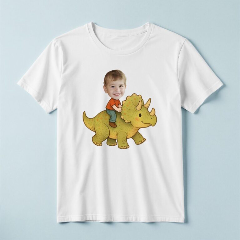 Custom Child Riding a Yellow-Green Triceratops Face Cutout – T-shirt Custom Child Riding a Yellow-Green Triceratops Face Cutout shown on a T-shirt mockup