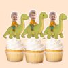 Custom Child Riding a Green Long-Neck Dinosaur Face Cutout – Cupcake Topper Custom Child Riding a Green Long-Neck Dinosaur Face Cutout shown on a cupcake topper mockup