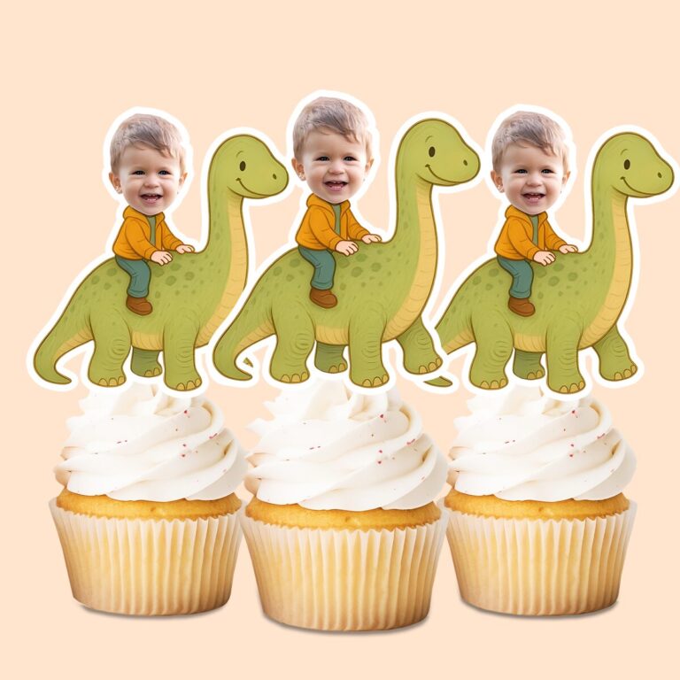 Custom Child Riding a Green Long-Neck Dinosaur Face Cutout – Cupcake Topper Custom Child Riding a Green Long-Neck Dinosaur Face Cutout shown on a cupcake topper mockup