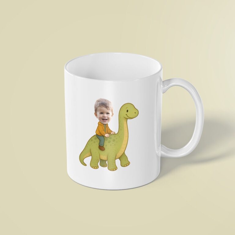 Custom Child Riding a Green Long-Neck Dinosaur Face Cutout – Mug Custom Child Riding a Green Long-Neck Dinosaur Face Cutout shown on a mug mockup