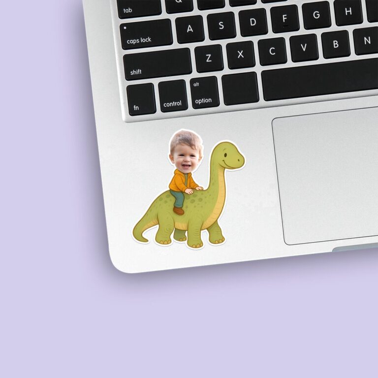 Custom Child Riding a Green Long-Neck Dinosaur Face Cutout – Sticker Custom Child Riding a Green Long-Neck Dinosaur Face Cutout shown on a sticker mockup