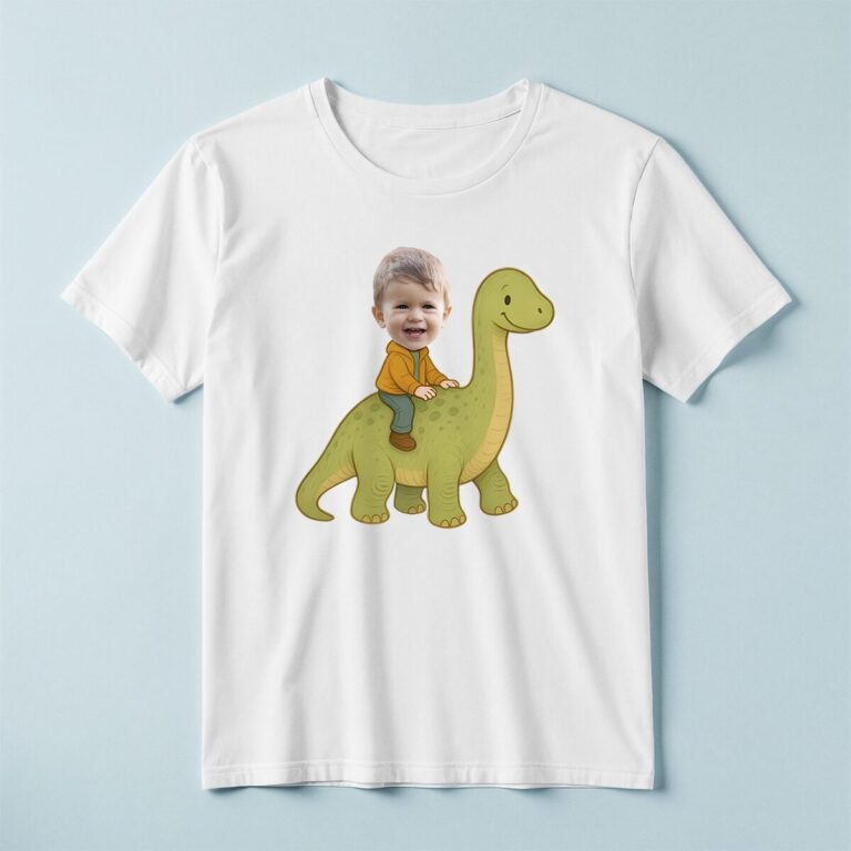 Custom Child Riding a Green Long-Neck Dinosaur Face Cutout – T-shirt Custom Child Riding a Green Long-Neck Dinosaur Face Cutout shown on a T-shirt mockup